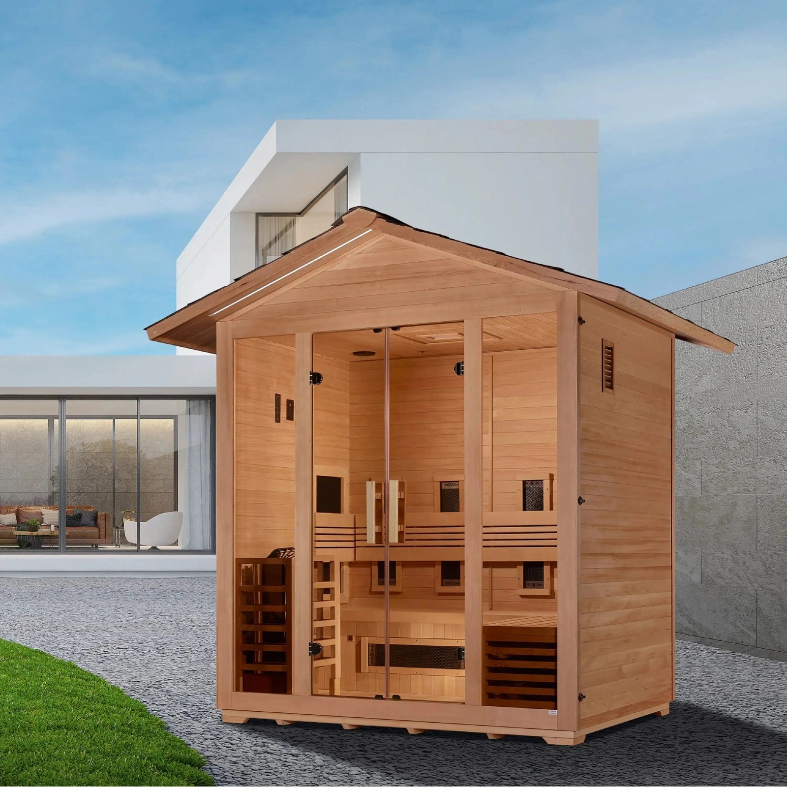 Golden Designs "Gargellen" 5 Person Hybrid PureTech™ Full Spectrum IR or Traditional Stove Outdoor Sauna - Canadian Hemlock - Select Saunas
