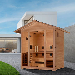 Golden Designs "Gargellen" 5 Person Hybrid PureTech™ Full Spectrum IR or Traditional Stove Outdoor Sauna - Canadian Hemlock - Select Saunas