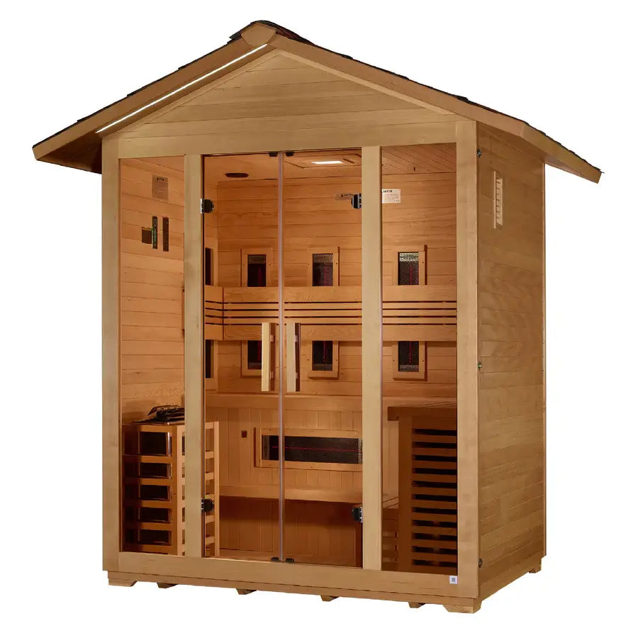 Golden Designs "Gargellen" 5 Person Hybrid PureTech™ Full Spectrum IR or Traditional Stove Outdoor Sauna - Canadian Hemlock - Select Saunas