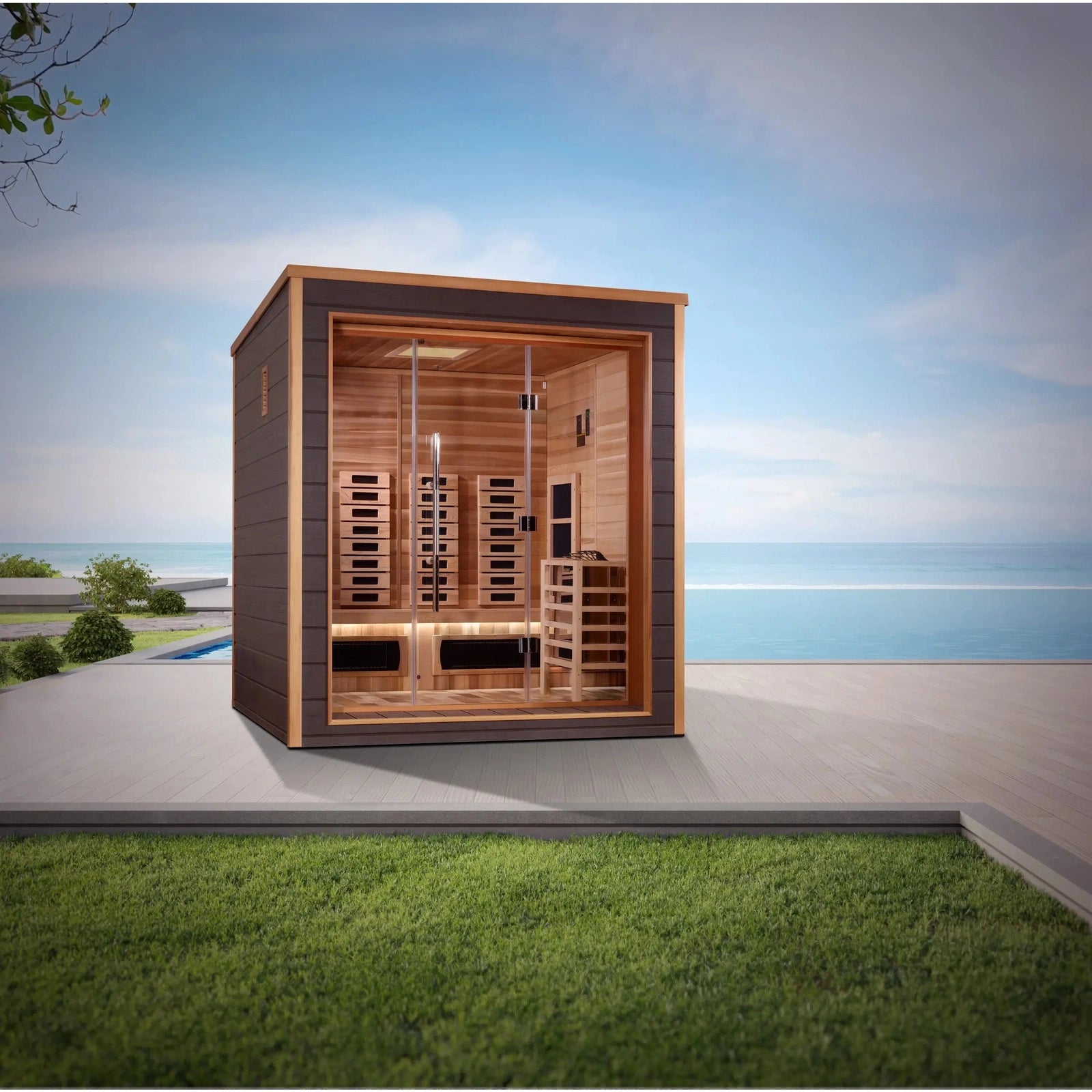 Golden Designs Visby 3 Person Outdoor-Indoor PureTech™ Hybrid Full Spectrum Sauna GDI-8223-01 - Canadian Red Cedar Interior - Select Saunas
