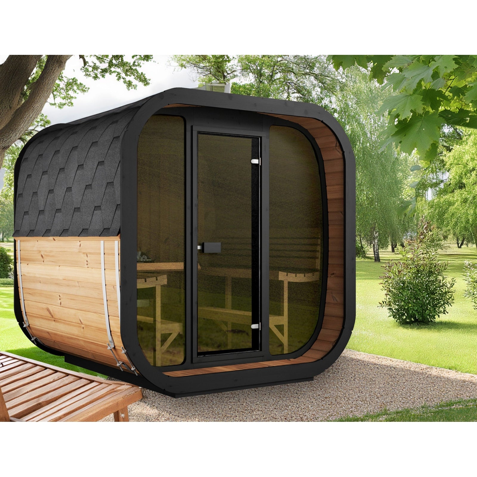 SaunaLife CL7G 6-Person Outdoor Cube Cabin Sauna with Full Glass Front & LED Lighting - Select Saunas