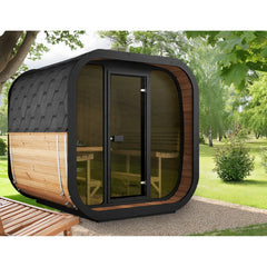 SaunaLife CL7G 6-Person Outdoor Cube Cabin Sauna with Full Glass Front & LED Lighting - Select Saunas