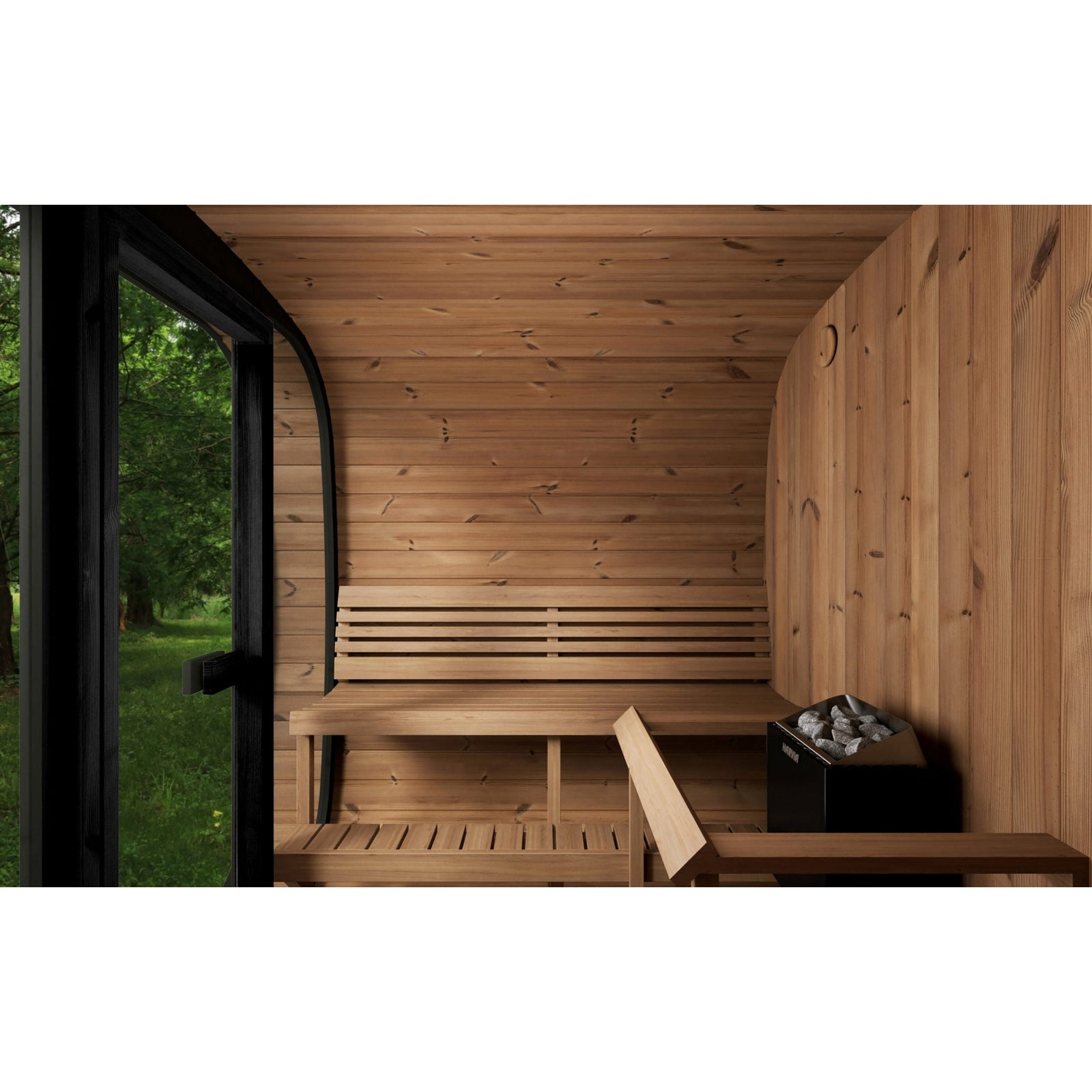 SaunaLife CL7G 6-Person Outdoor Cube Cabin Sauna with Full Glass Front & LED Lighting - Select Saunas