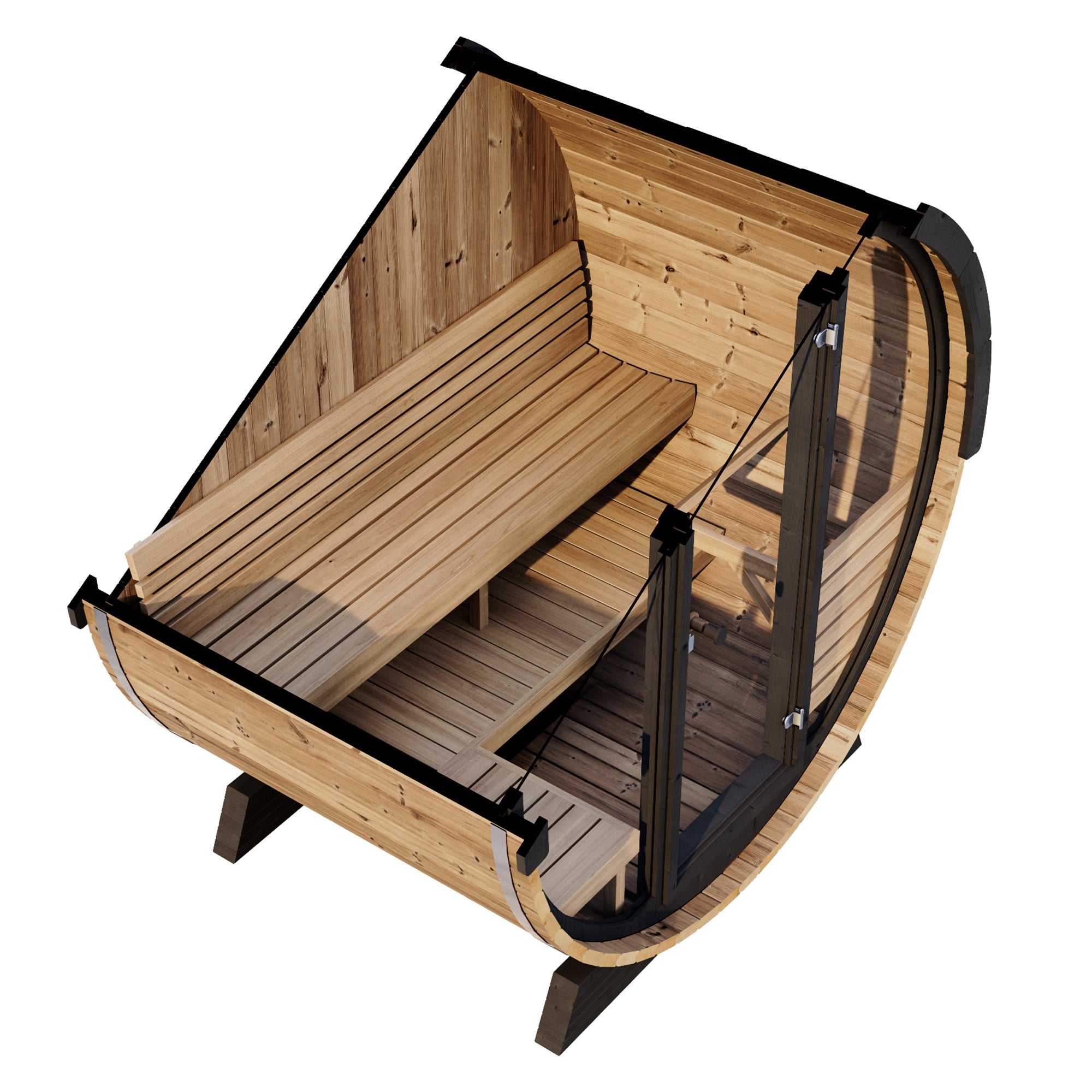 SaunaLife Model EE6G Sauna Barrel w/ Glass Front & Back Benches - 4-Person - ERGO Series, 63" L x 91" D - Ready to Ship! - Select Saunas
