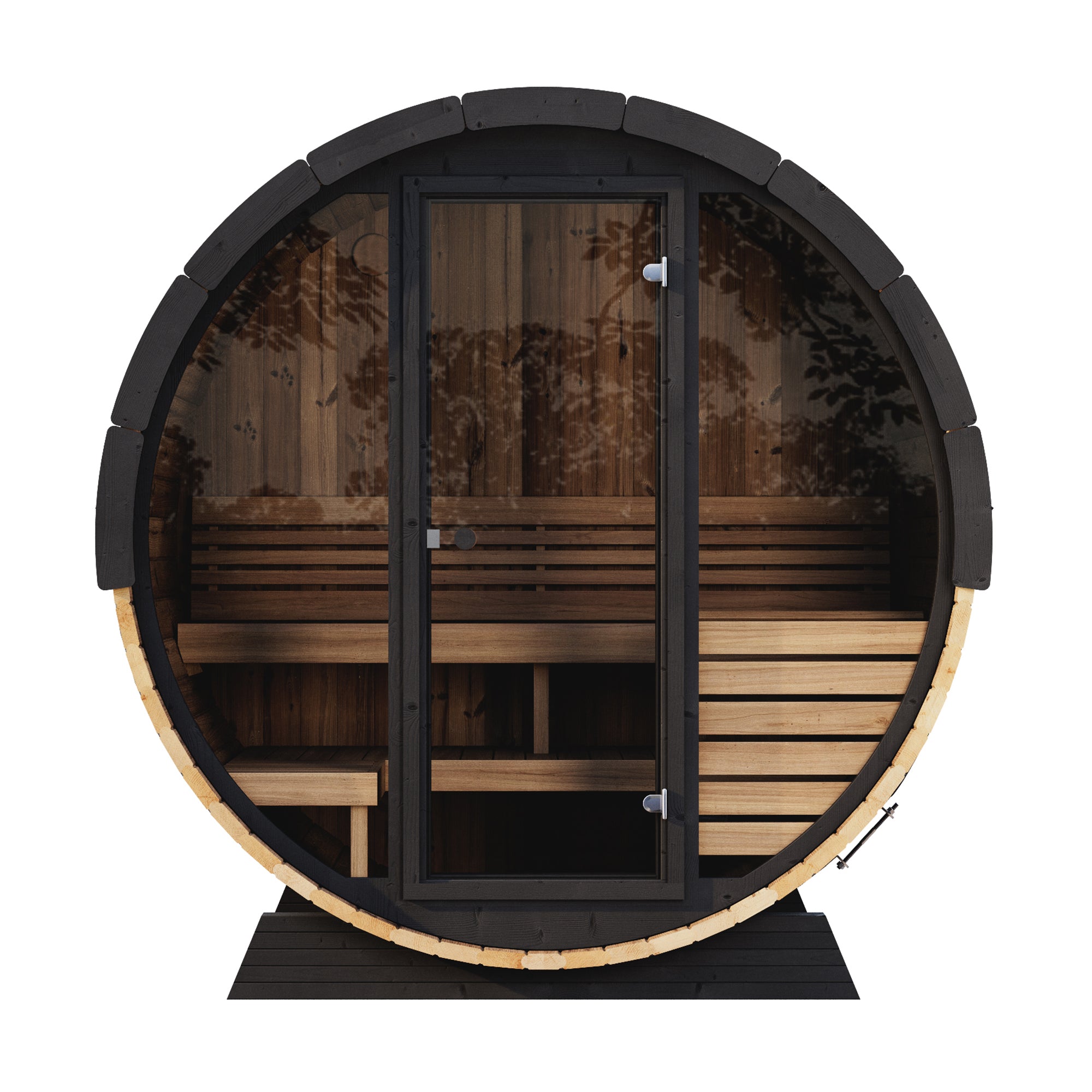 SaunaLife Model EE6G Sauna Barrel w/ Glass Front & Back Benches - 4-Person - ERGO Series, 63" L x 91" D - Ready to Ship! - Select Saunas