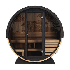 SaunaLife Model EE6G Sauna Barrel w/ Glass Front & Back Benches - 4-Person - ERGO Series, 63" L x 91" D - Ready to Ship! - Select Saunas