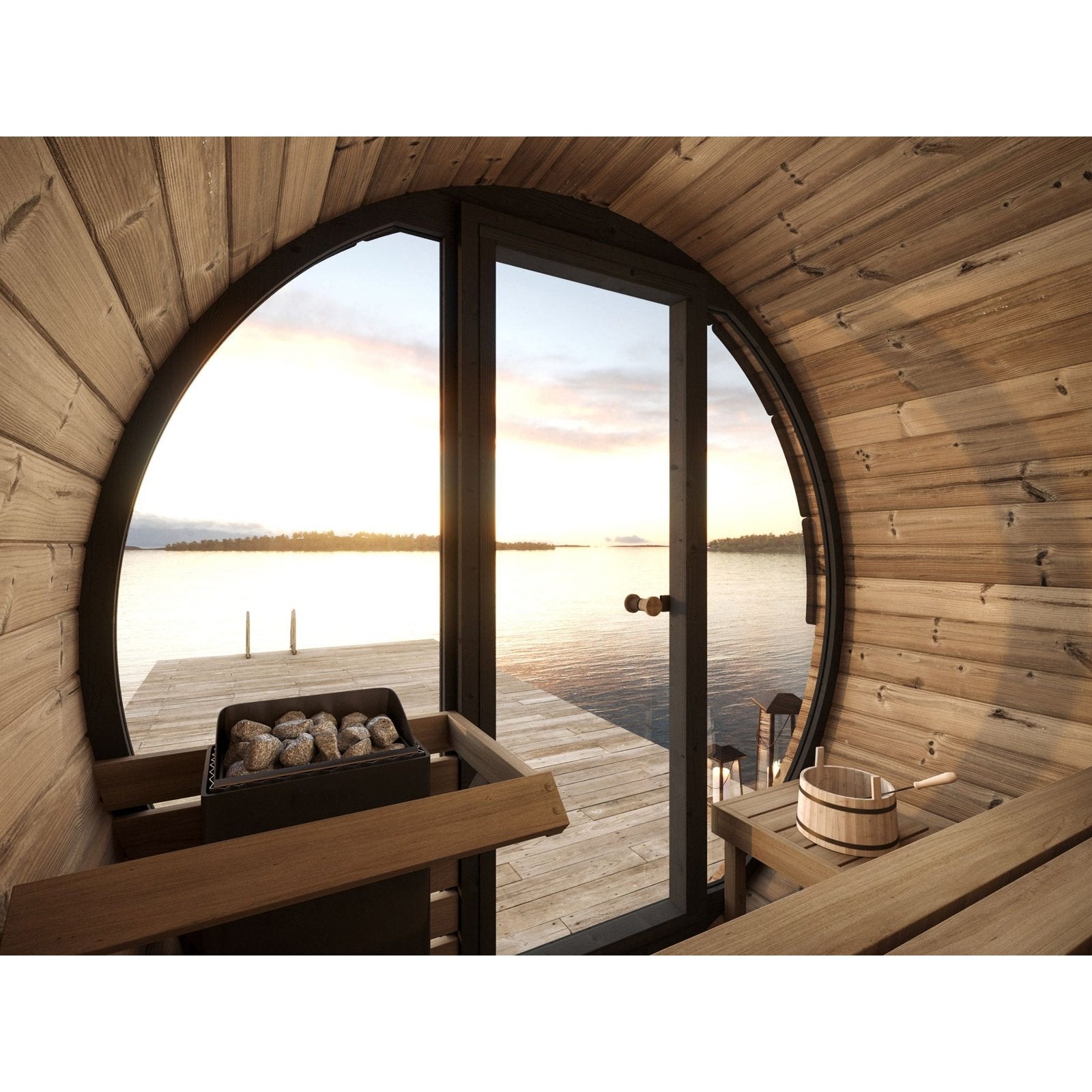 SaunaLife Model EE6G Sauna Barrel w/ Glass Front & Back Benches - 4-Person - ERGO Series, 63" L x 91" D - Ready to Ship! - Select Saunas