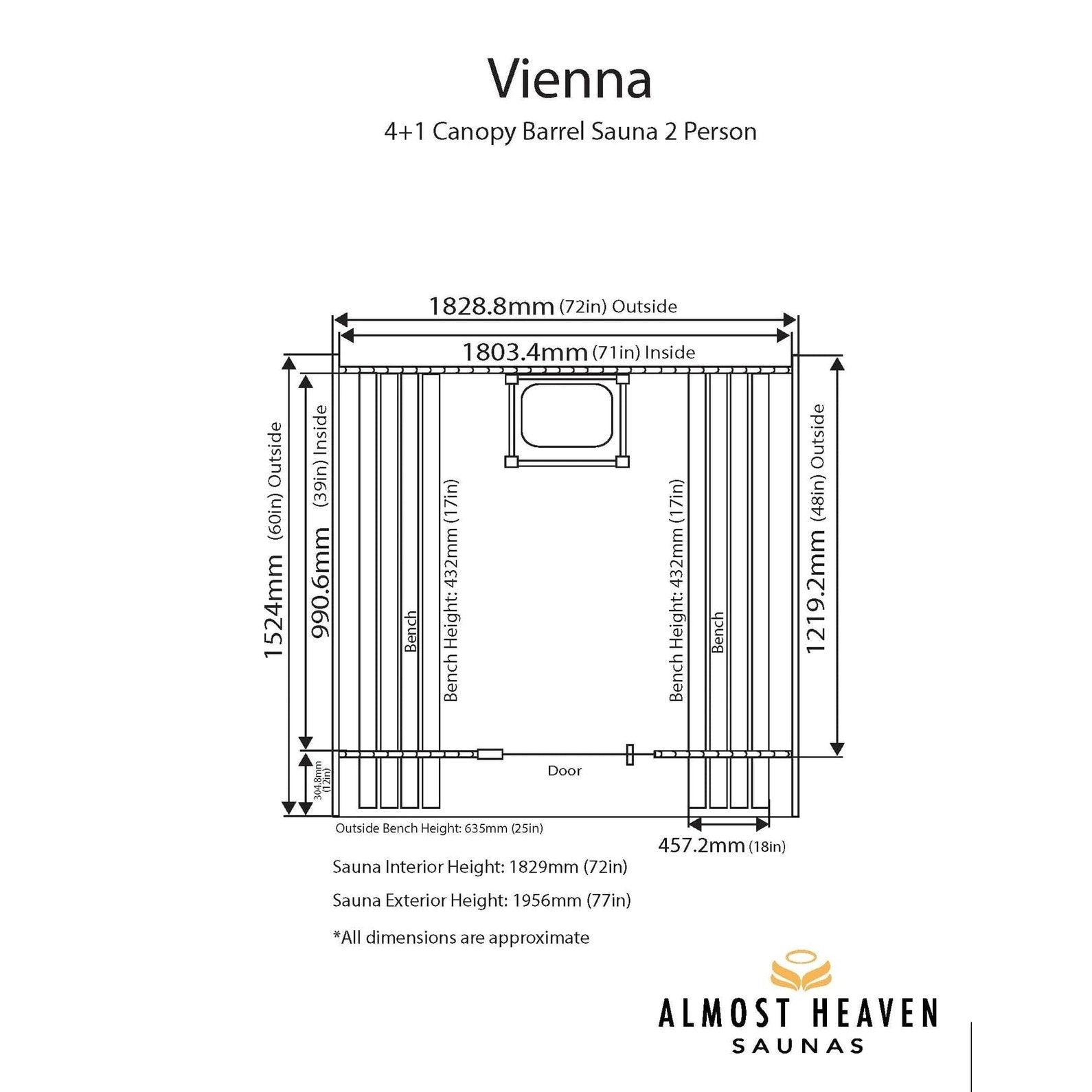 Almost Heaven Vienna 2-Person Canopy Barrel Sauna, 6x4+1 ft. – 1 ft. Porch - Select Saunas