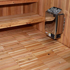 Red cedar floor tiles arranged on sauna floor