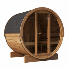 SaunaLife Model E7G Sauna Barrel w/ Glass Front - 4-Person - ERGO Series Sauna Barrel, 71"x81" - Ready to Ship! - Select Saunas