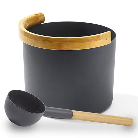 Kolo Sauna Bucket w/ curved handle + Ladle Set, Aluminum/Bamboo, 1 Gal - Select Saunas